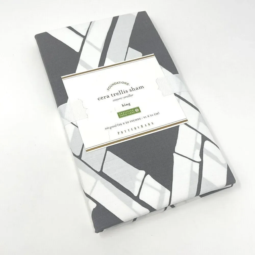 NWT POTTERY BARN CERA TRELLIS Gray White Cotton Bamboo Print King Pillow Sham
